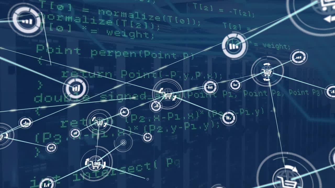 Animation of network of connections with icons and data processing over computer servers