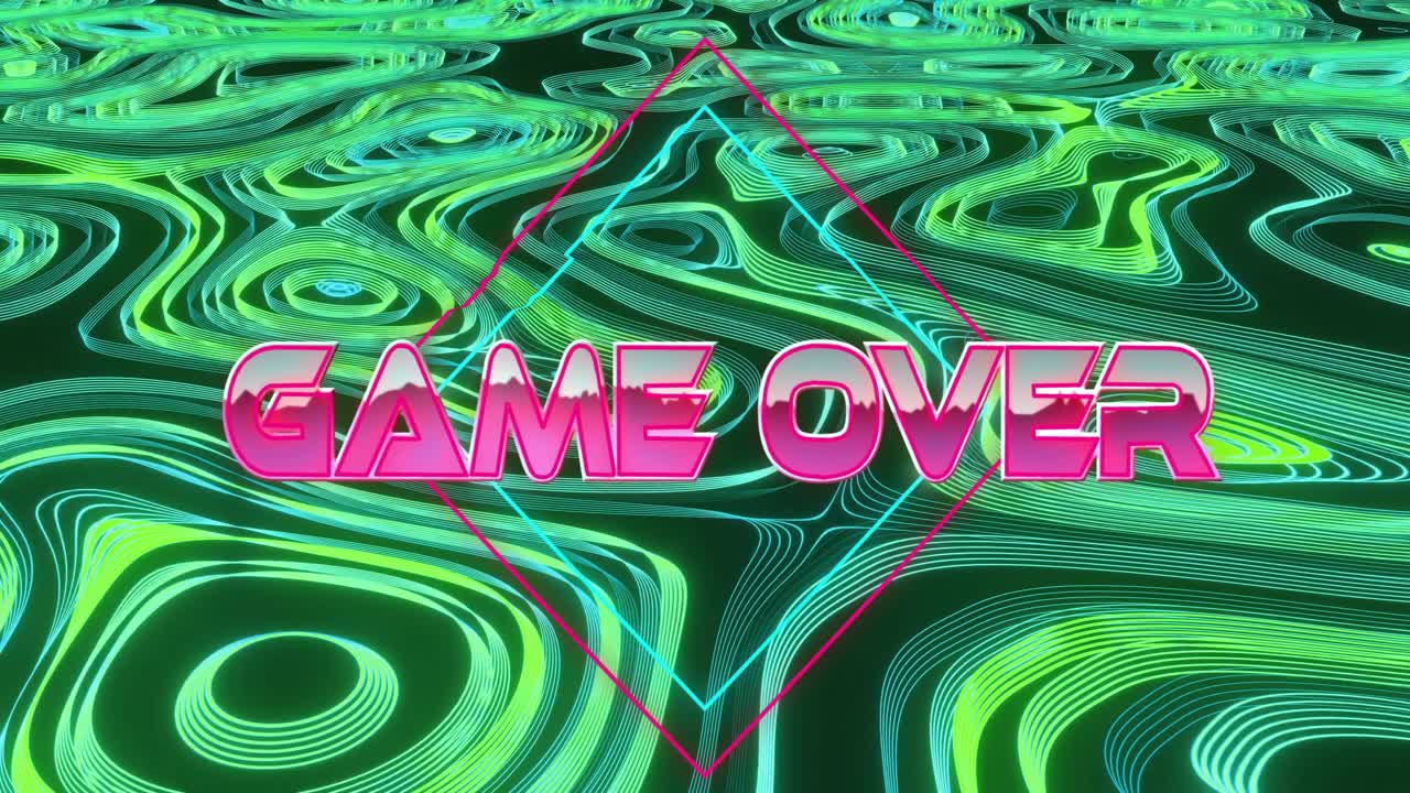 Neon soyut dalgalı desenlerin üzerinde cesur pembe Game Over yazısı animasyonu