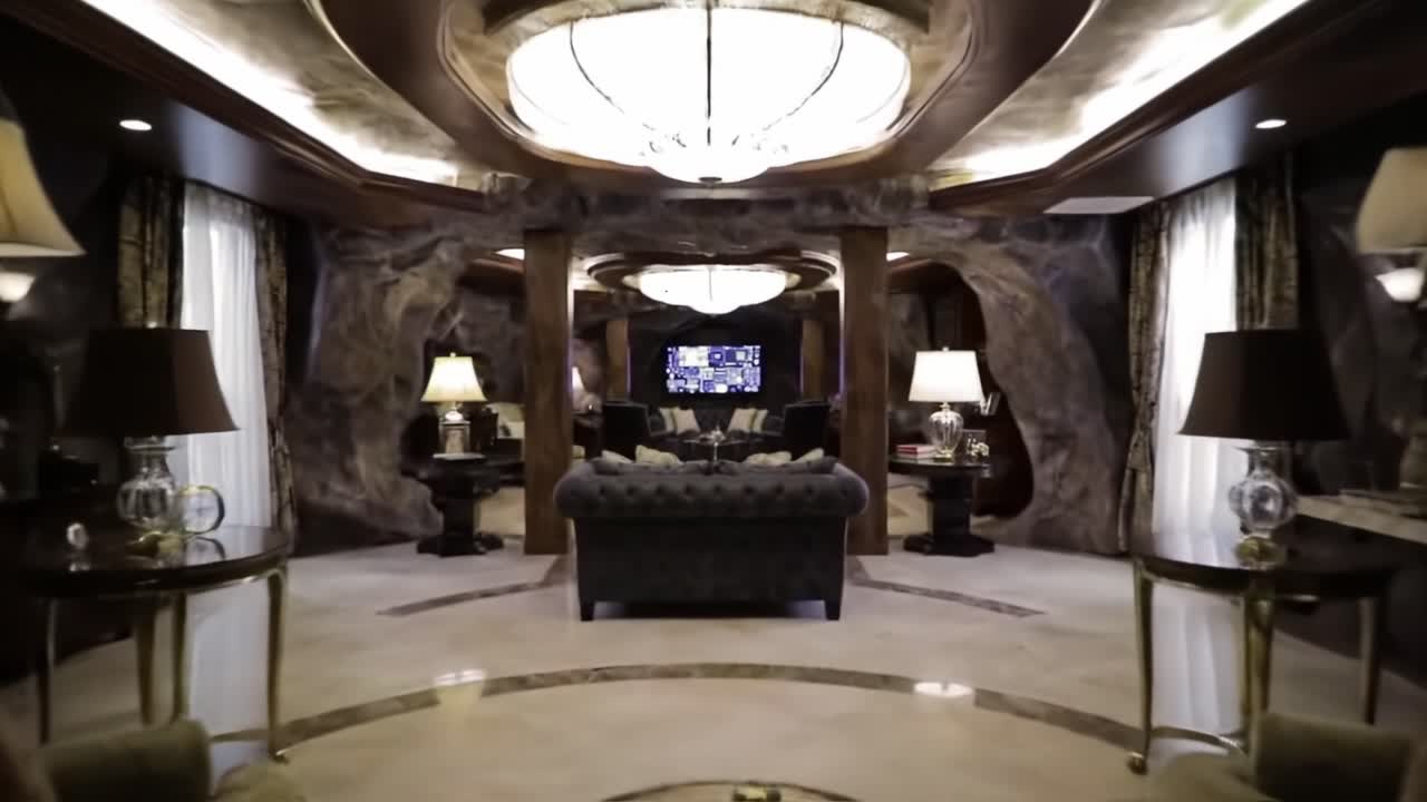 Luxurious Underground Living Room Featuring Elegant Furnishings, Cozy Seating, and Unique Rock-Inspired Design Elements That Create a Stunning Ambiance