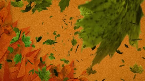 Animation-of-autumn-leaves-floating-against-orange-background-with-copy-space