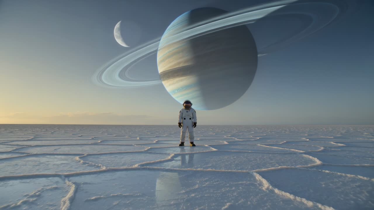 Standing helmeted astronaut in white suit watching sunrise backlit ringed planet on salt flat plain