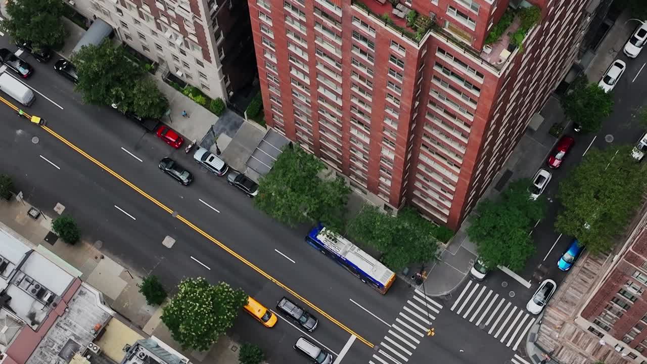 Busy street scene captured from above in New York City