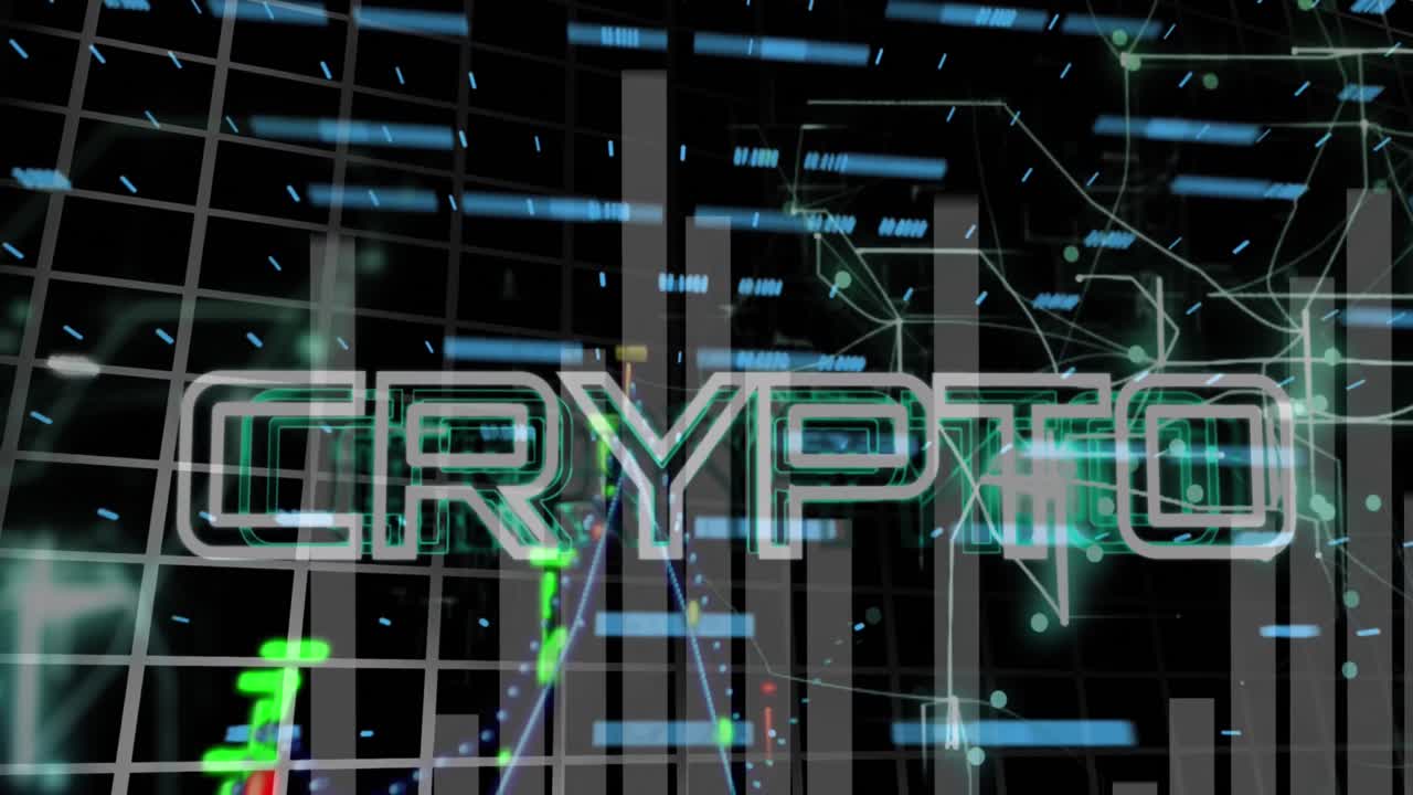 블랙 배경에 여러 그래프와 변화하는 숫자를 가진 암호화 통화의 애니메이션