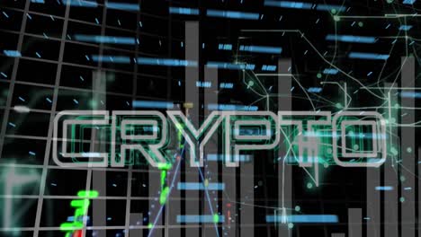 animación de la criptomoneda con múltiples gráficos y números cambiantes sobre fondo negro