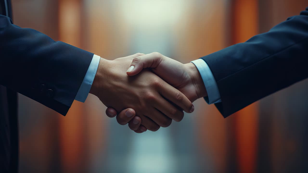 Meeting two business hands clasping, loosening in hallway, greeting, dark suits, light-blue cuffs