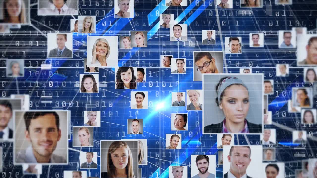 red de iconos de perfil contra el procesamiento de datos de codificación binaria en fondo azul