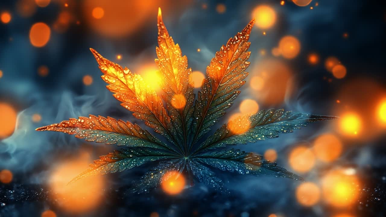 Bright leaf illuminated by glowing orbs. A vibrant leaf shines with droplets, surrounded by glowing orbs in a misty environment at night.