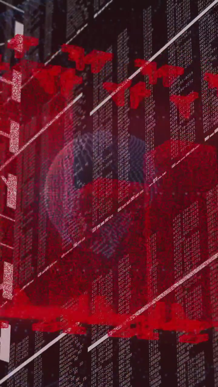 Vertical video: Projection on start blue globe pulsing red tower rising, wings flying mapping code