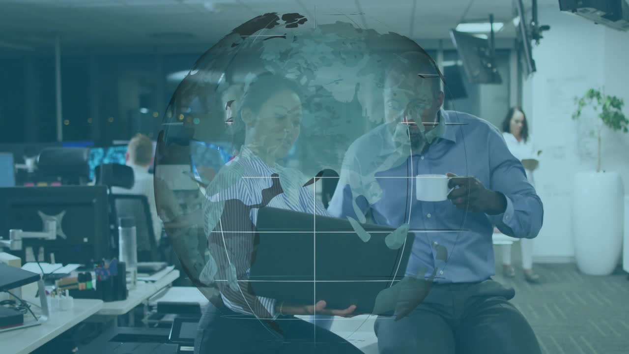 Global network animation over diverse colleagues collaborating in modern office