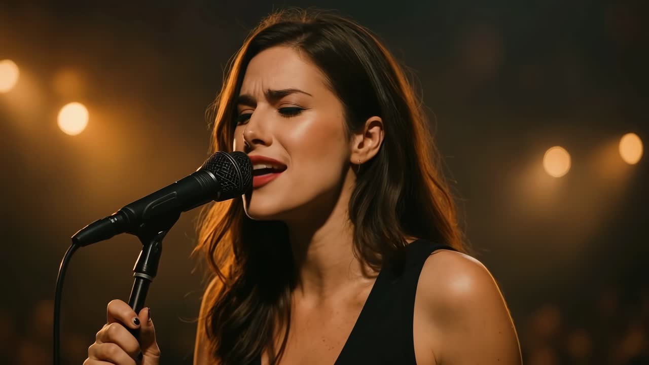 Close-up video shot of a woman singing passionately into a microphone on stage, with warm bokeh