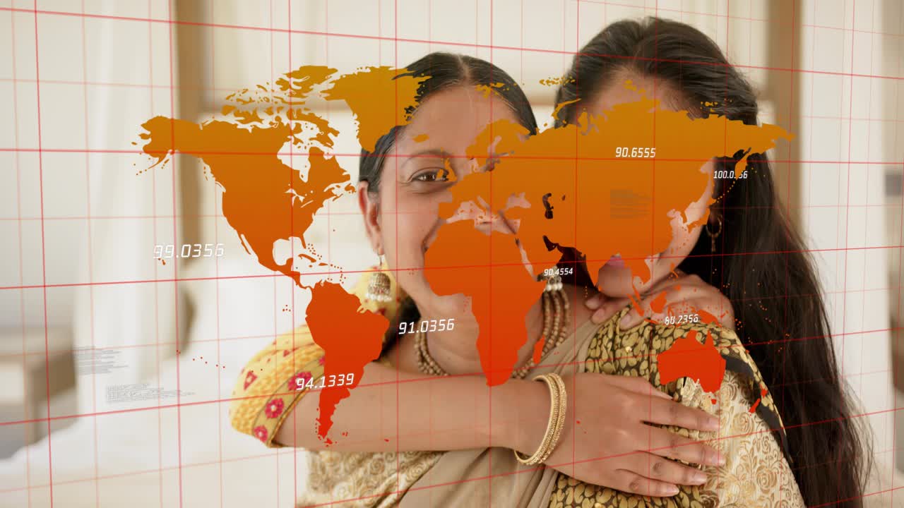 Mother and daughter sharing warm hug, daughter initiating nuzzle, technology map overlaying faces