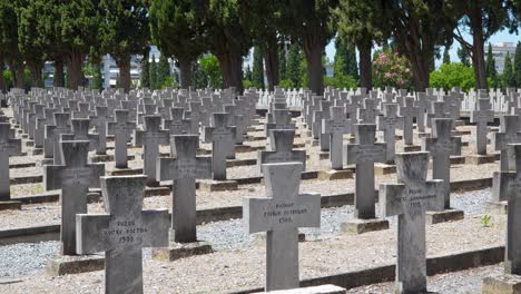 rows of stone crosses mark the graves of serbian soldiers at the zeitenlik military cemetery in thessaloniki, greece, surrounded by cypress trees in a solemn and historic memorial site