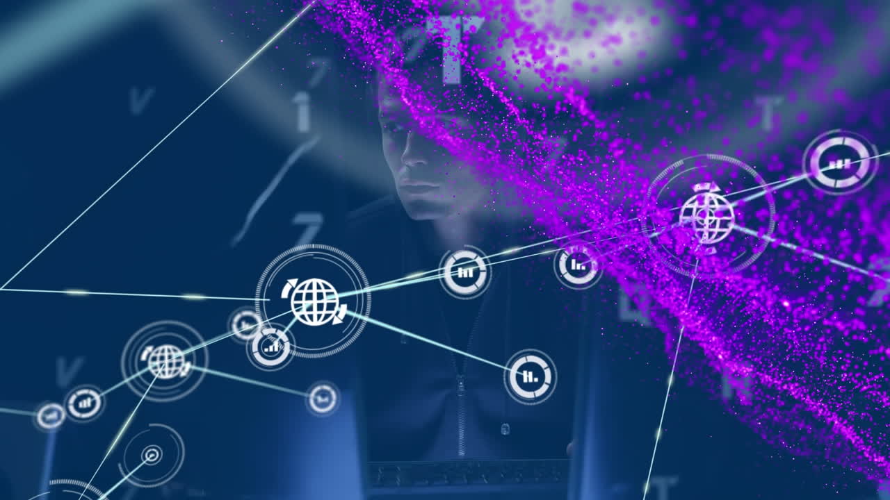 animación de la red de conexiones con iconos sobre hacker caucásico masculino