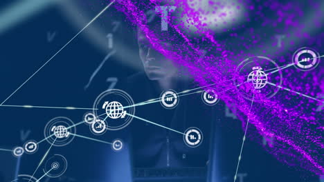 Animation of network of connections with icons over male caucasian hacker