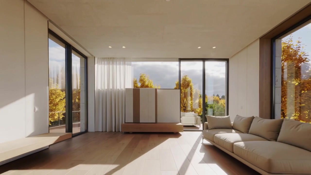 Pulling back, camera revealing empty modern living room in upper-level home, showcasing cabinet
