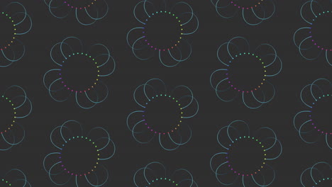 Vibrant-floral-pattern-on-black-background-with-repeating-circles-and-lines