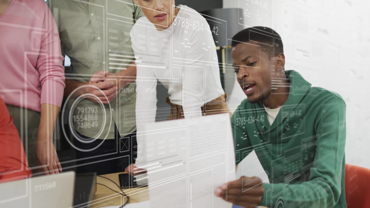 Analyzing data and discussing, diverse team in office with digital interface animation
