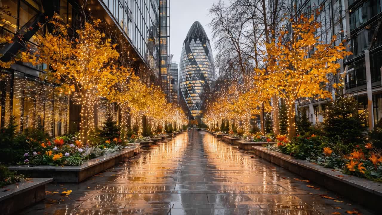 A Captivating Pathway Illuminated by Glowing Autumn Lights and Surrounded by Vibrant Nature, Showcasing a Stunning Architectural Marvel in the Background
