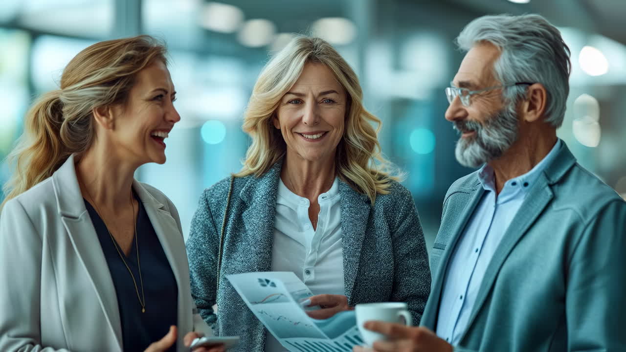 Colleagues at office meeting. Three professionals engage in discussion while reviewing documents in a bright office environment