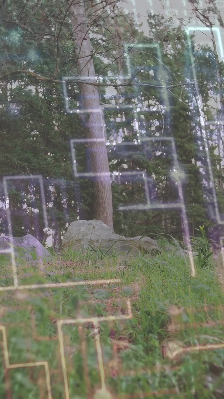 Vertical video: Pine trunk anchoring, cyclist entering left lifting wheel over rocks, AR overlay