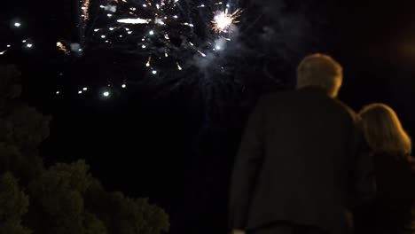 plano bajo de una pareja de ancianos de pie uno al lado del otro viendo los impresionantes fuegos artificiales