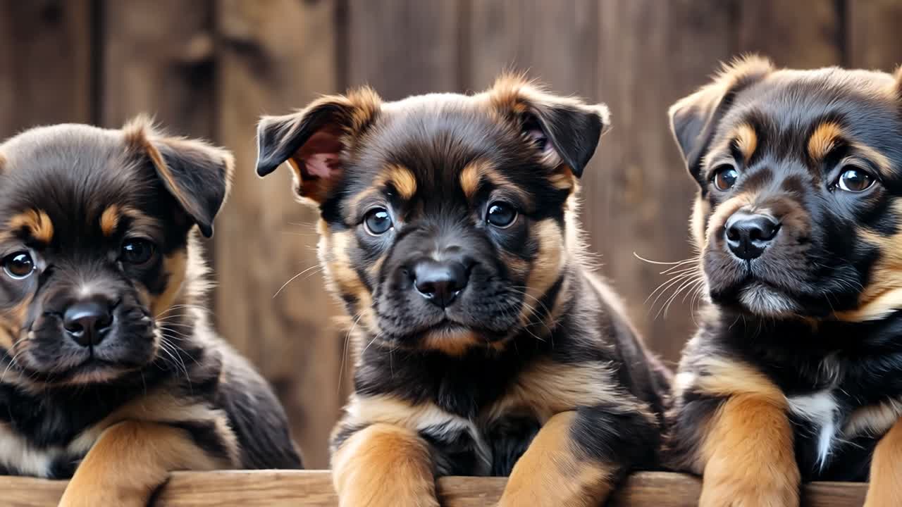 Three puppies are sitting on a wooden fence
