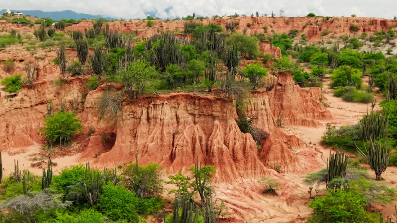 Riprese aeree laterali con drone che sorvolano le stupefacenti formazioni rocciose rosse e le piante di cactus del deserto di Tatacoa.