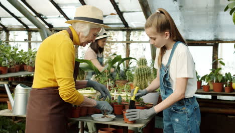 grandmother and granddaughter gardening in greenhouse
