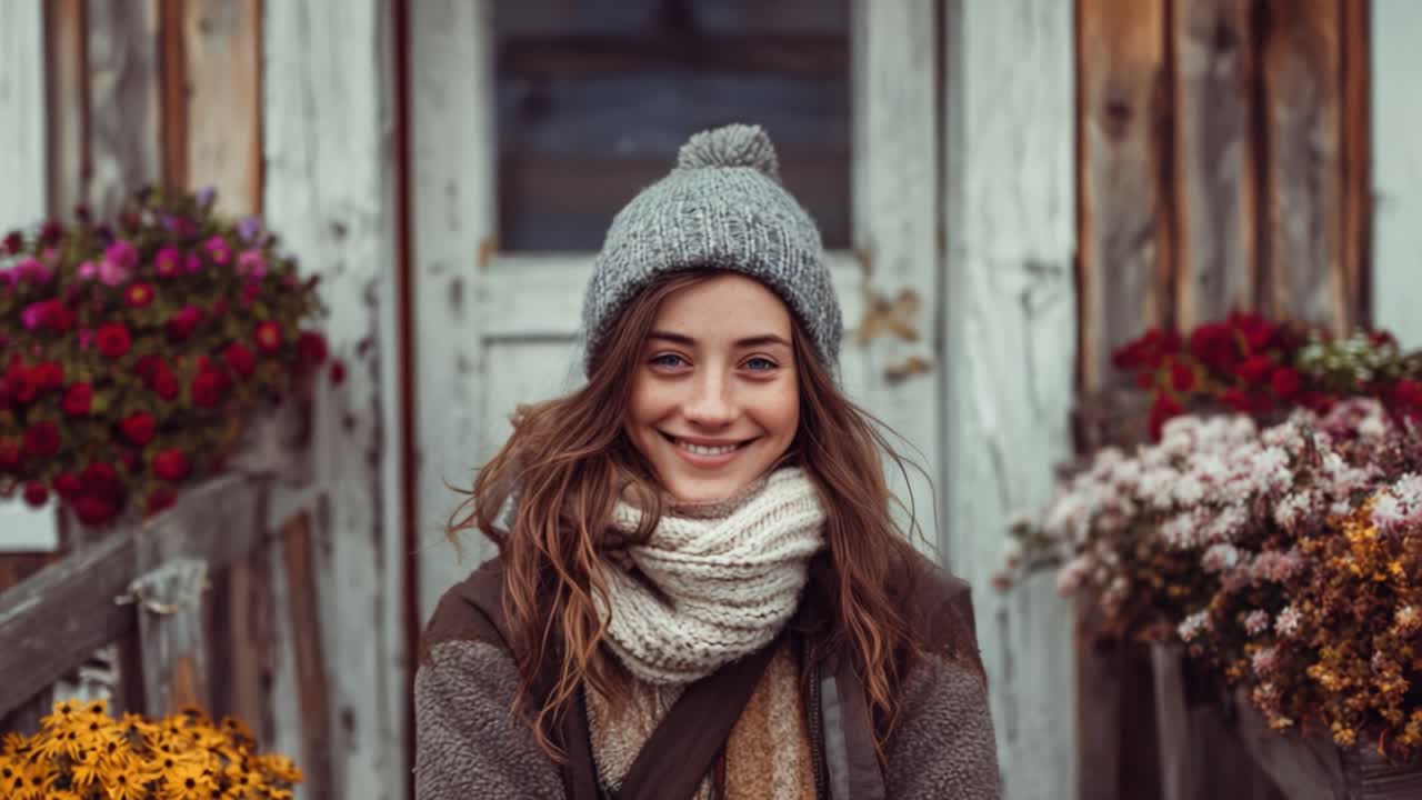 A Cozy Winter Portrait: A Young Woman Smiling in a Rustic Setting Surrounded by Colorful Flowers and Charming Wooden Décor