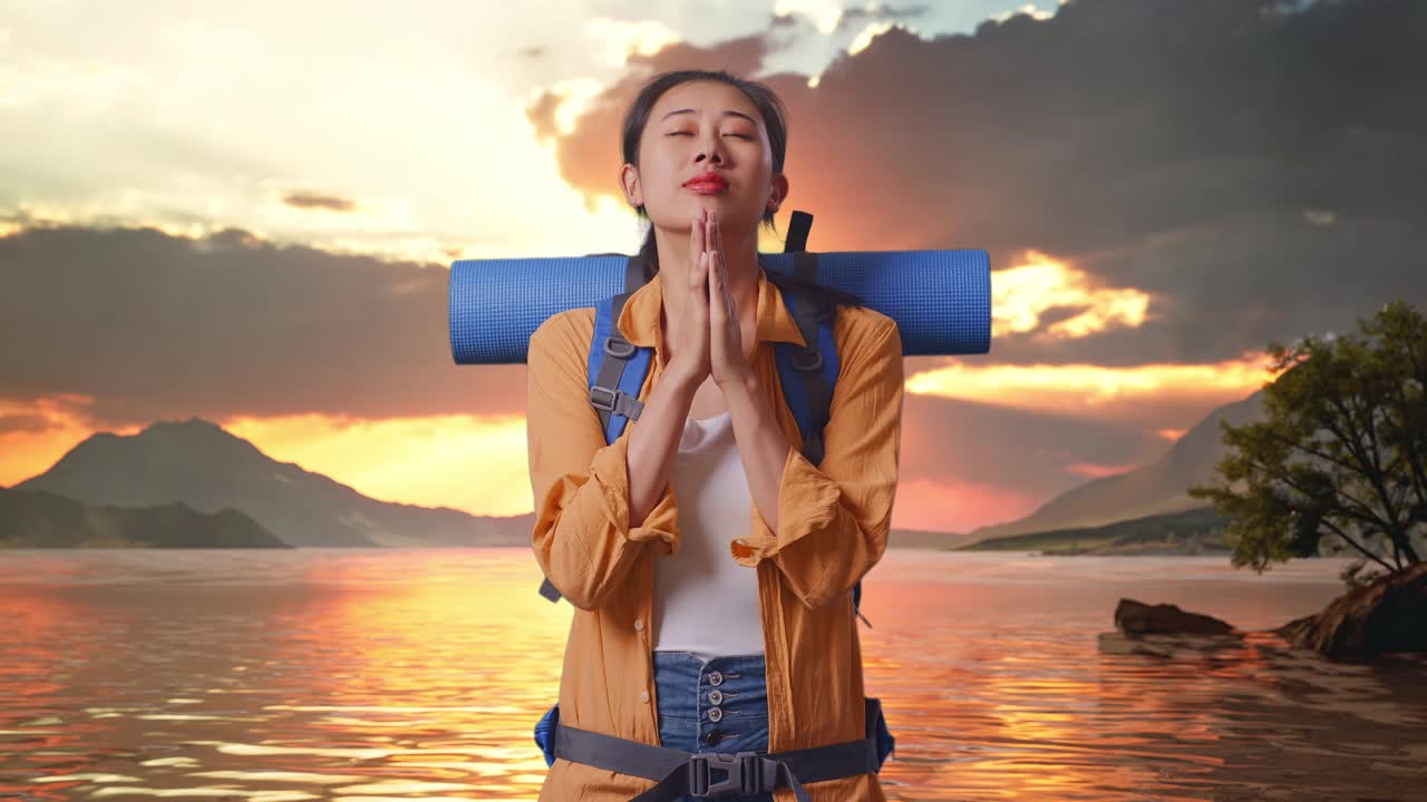 excursionista asiática con mochila de montañismo rezar por algo mientras está de pie en un lago durante la hora del atardecer