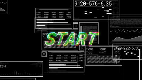animation of data processing over colourful start text on black background