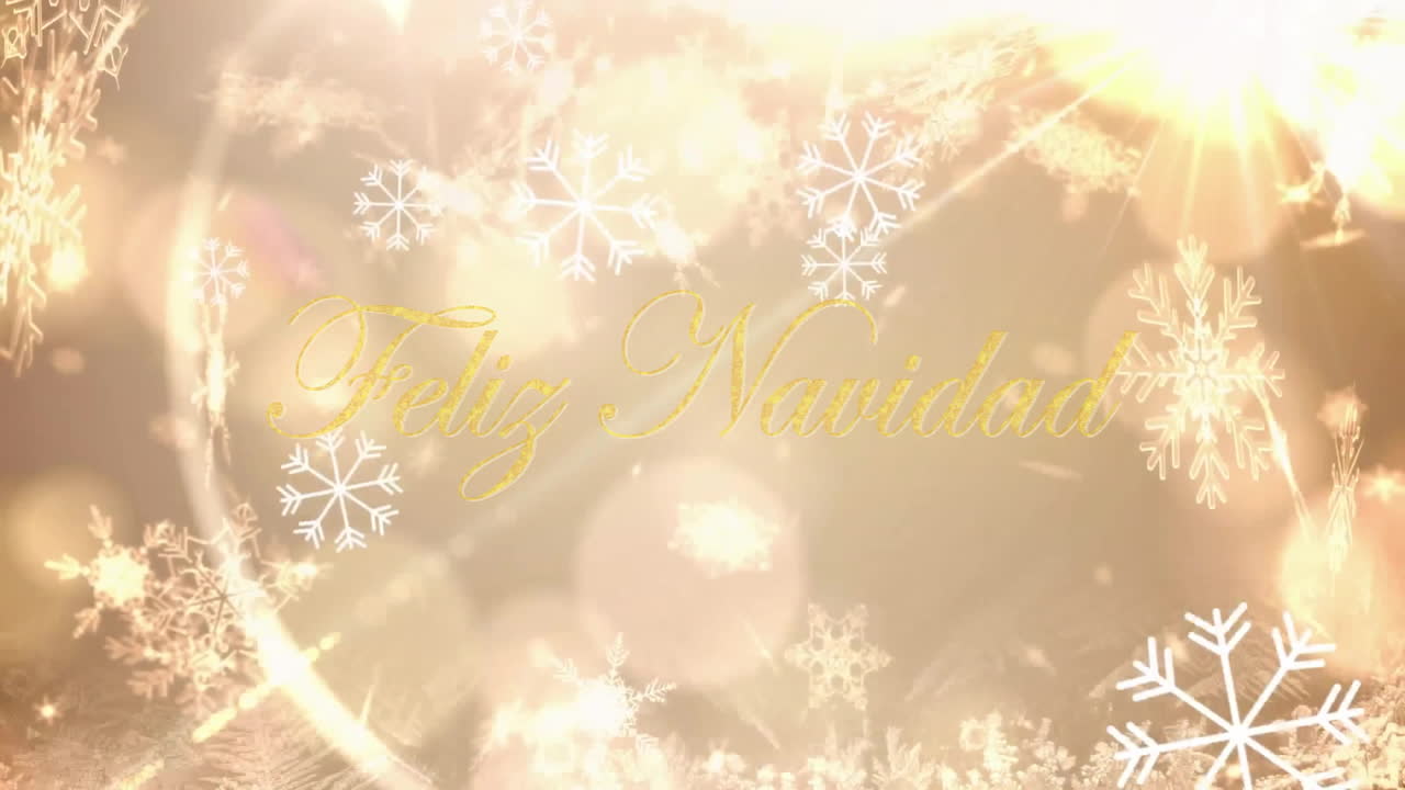 Feliz Navidad text animation with golden background, snowflakes, and light effects