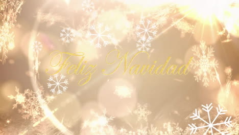 feliz navidad text animation with golden background, snowflakes, and light effects