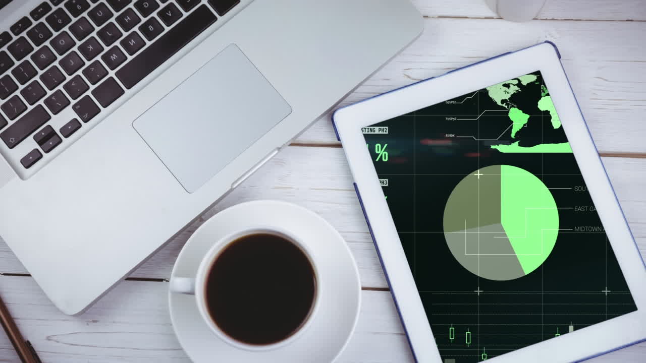 Animation of a digital tablet showing graphs and statistics on the screen
