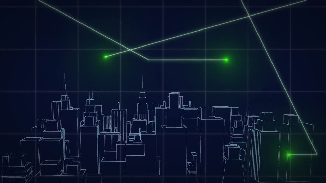 검은색 배경의 빛 트레일 위의 디지털 도시의 애니메이션