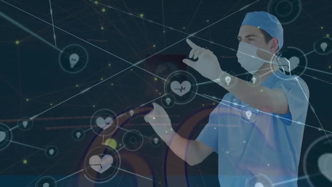 라인으로 연결된 점의 애니메이션, 미래주의 기술을 사용하여 마스크를 착용한 백인 외과 의사