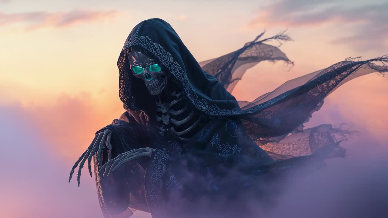 Emerging skeleton in ornate hooded cloak from mist hovering above clouds at dusk glowing teal eyes