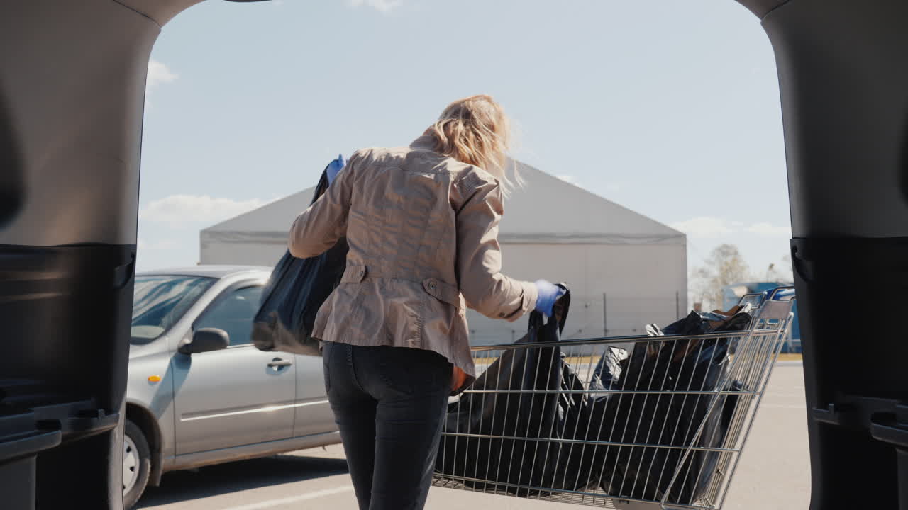 마스크와 장갑을 낀 여자가 자동차 트렁크에 쇼핑백을 넣는다