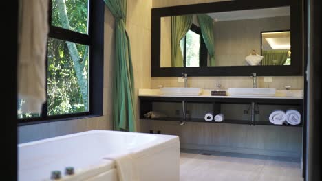 interieur schoon hotel badkamer in het bos, spiegel, badkuipen rond groen