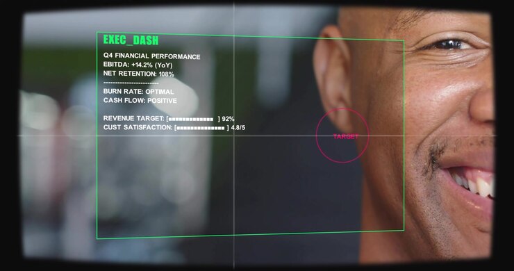 System activating scanning right half man's smile, EXEC_DASH animating left stats showing Q4 gains