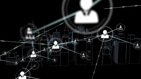 animación de redes de conexiones con iconos sobre el dibujo de la ciudad 3d girando sobre fondo negro