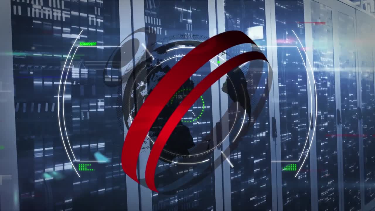 Animation of globe and data processing over computer servers
