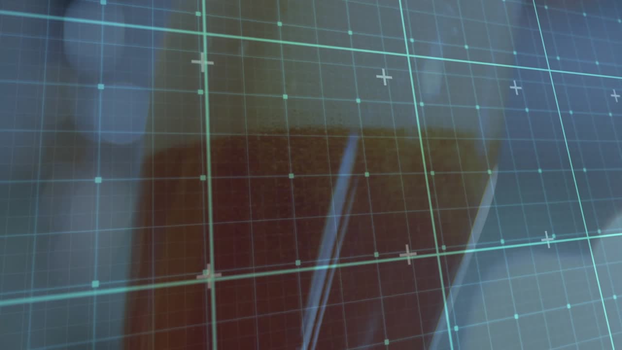 Faint hand nudging glass, rotating while diagonal highlight sliding to show cyan HUD grid