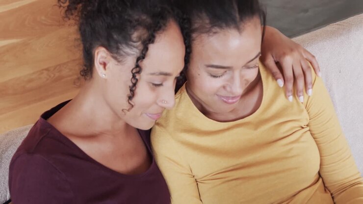 Happy biracial lesbian couple relaxing on couch together, using tablet and embracing, in slow motion
