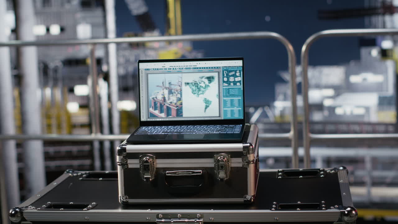 Empty offshore platform with a laptop running maintenance software