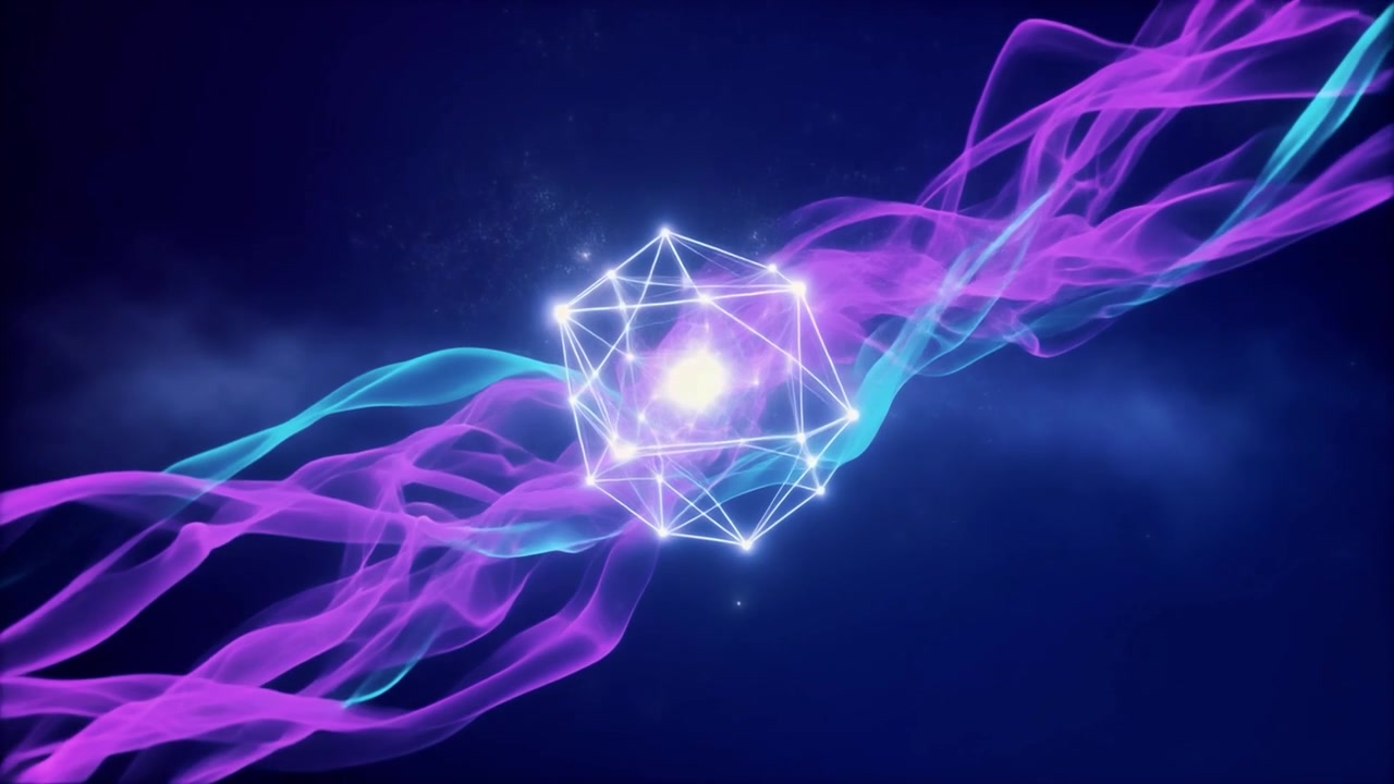 Forma Geometrica Astratta Incandescente Circondata da Onde di Luce Neon Fluide
