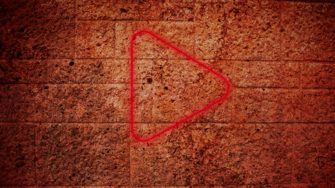 Animazione di icona di riproduzione al neon tremolante su muro di mattoni