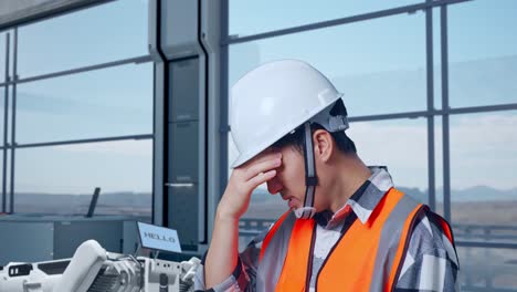 ingeniero estresado en un entorno industrial