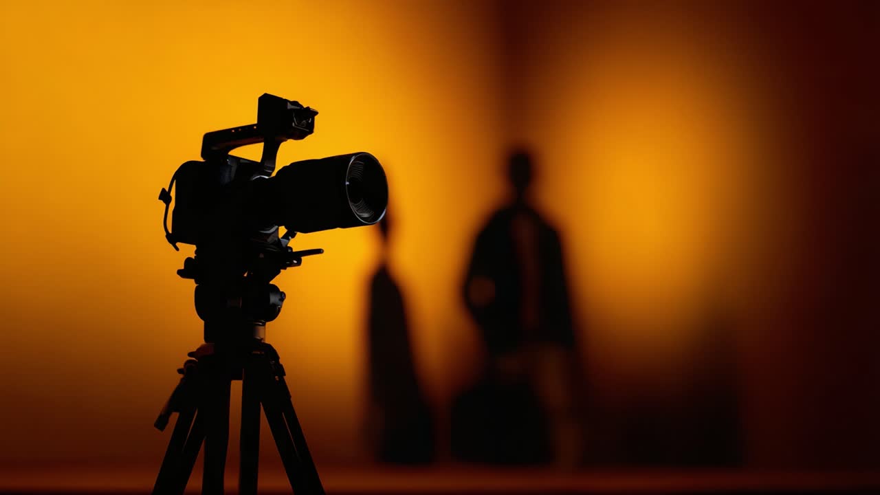 Una fotocamera su un treppiede in controluce su uno sfondo arancione caldo, che cattura momenti mentre le ombre delle figure emergono sullo sfondo, evidenziando gli sforzi creativi