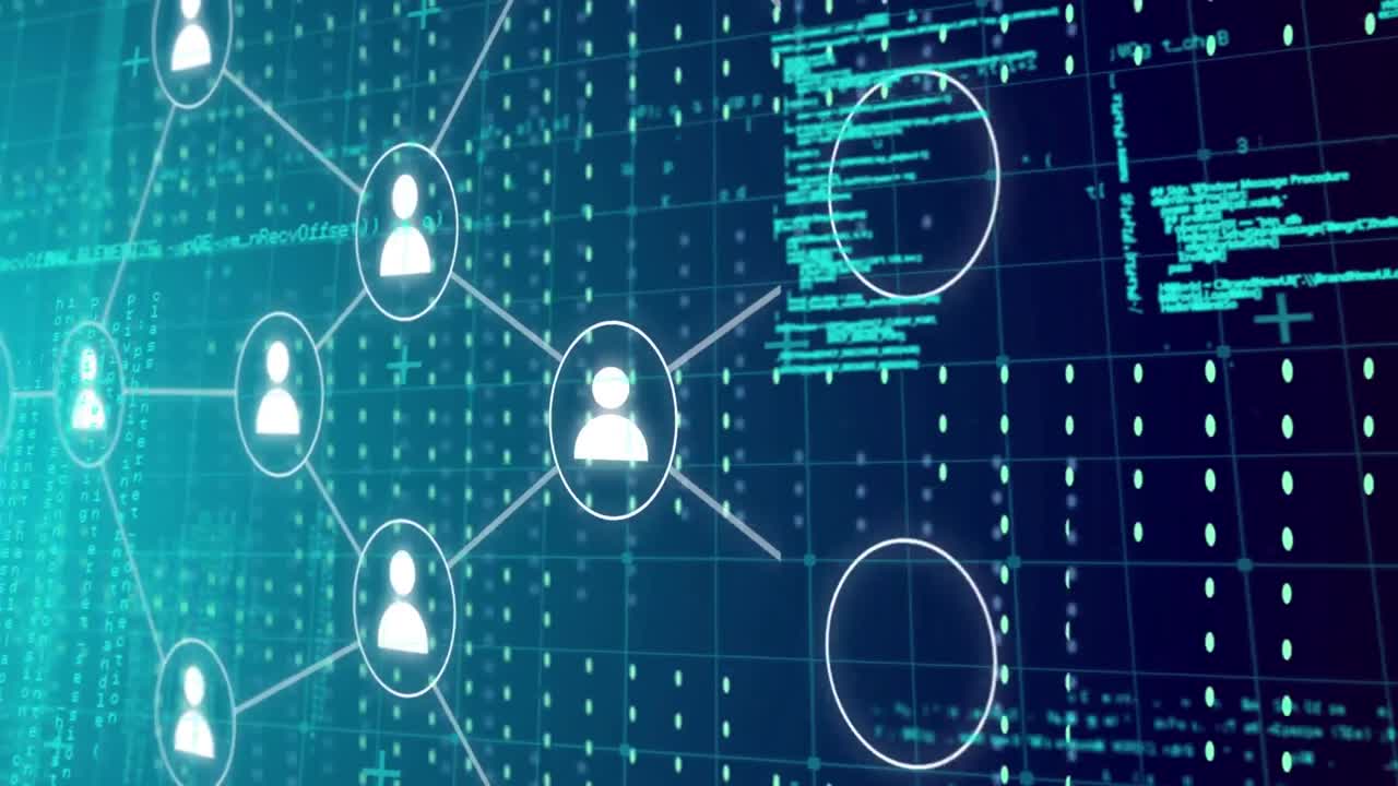 animación de iconos digitales y procesamiento de datos sobre fondo verde.